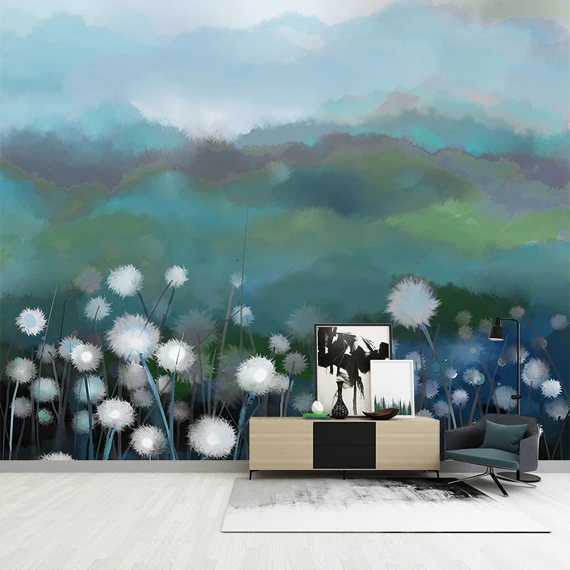 Autocollant Mural champ de pissenlit, Art Mural contemporain étanche pour salon, taille personnalisée Clearhalo