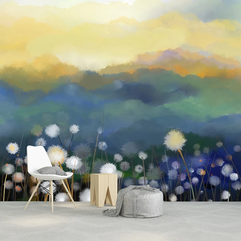 Autocollant Mural champ de pissenlit, Art Mural contemporain étanche pour salon, taille personnalisée Clearhalo