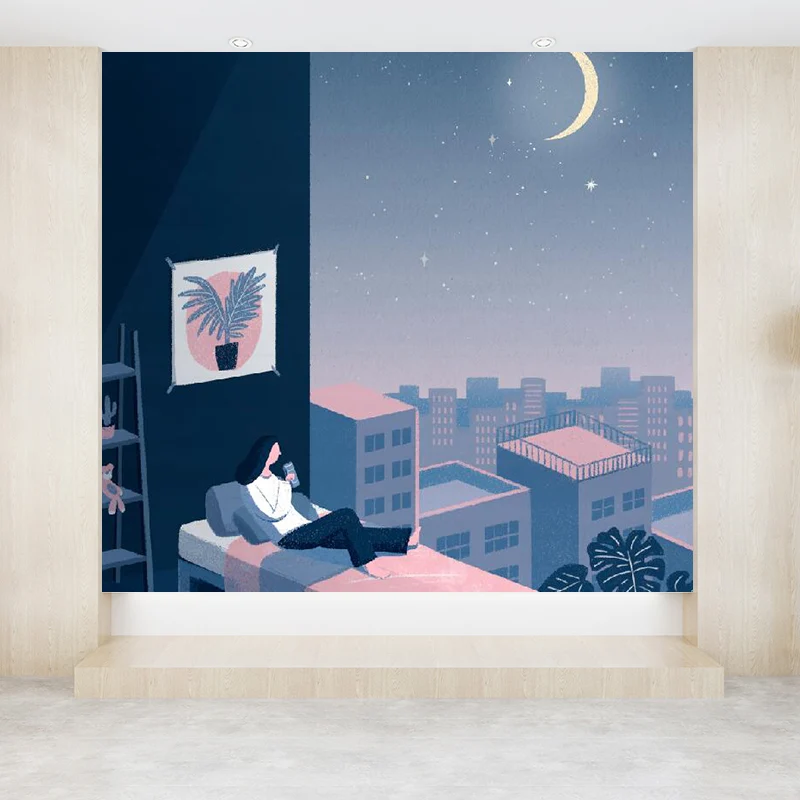 Autocollant Mural contemporain avec vue sur le ciel étoilé, décoration murale anti-taches bleue pour salle de bain Clearhalo
