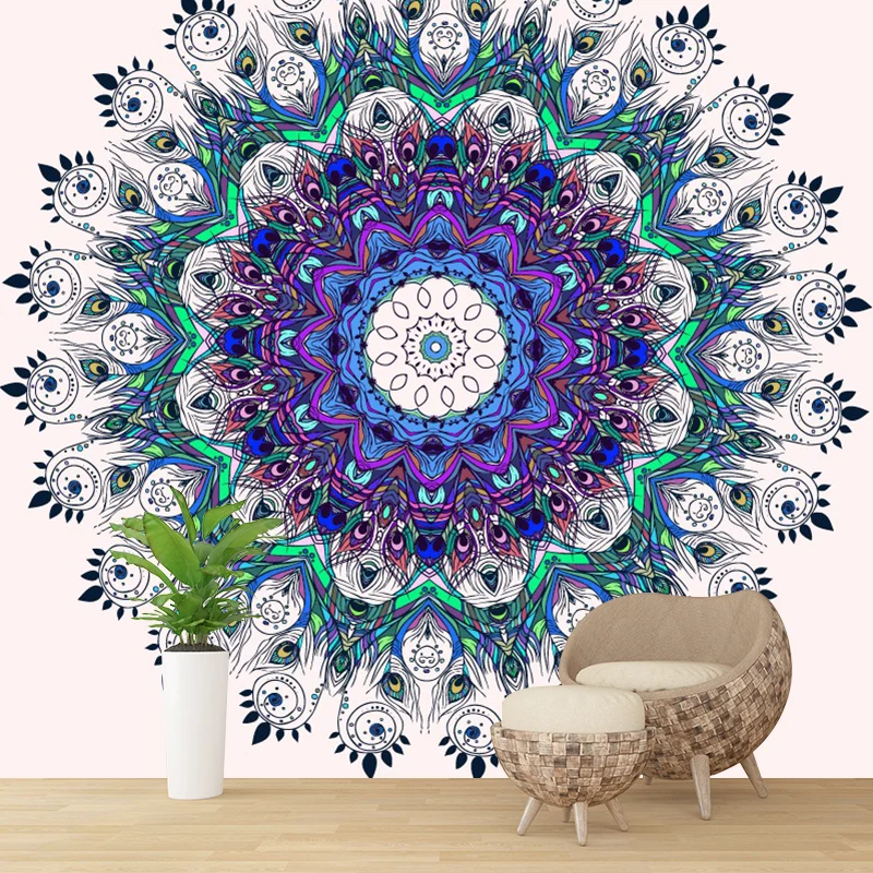 Autocollant mural en forme de plume de paon pour le salon, violet-bleu, taille personnalisée disponible Clearhalo