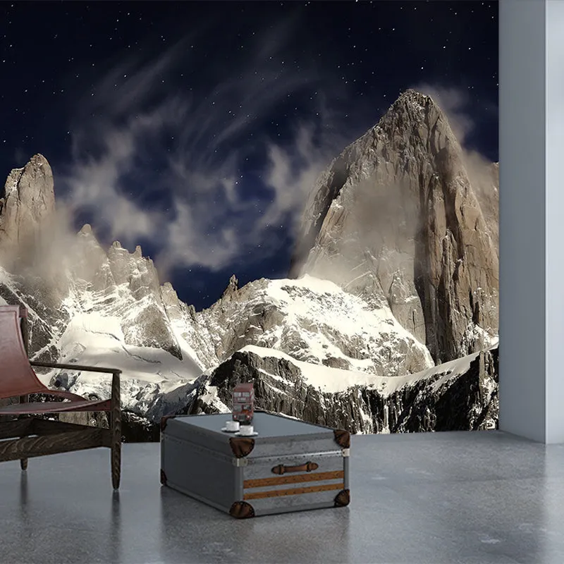 Autocollant Mural moderne de montagne enneigée pour salon, revêtement Mural personnalisé en marron Clearhalo