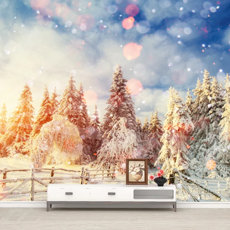 Autocollant Mural moderne pleine grandeur, scène de neige brune avec revêtement Mural de lumière du soleil du matin, sur m...
