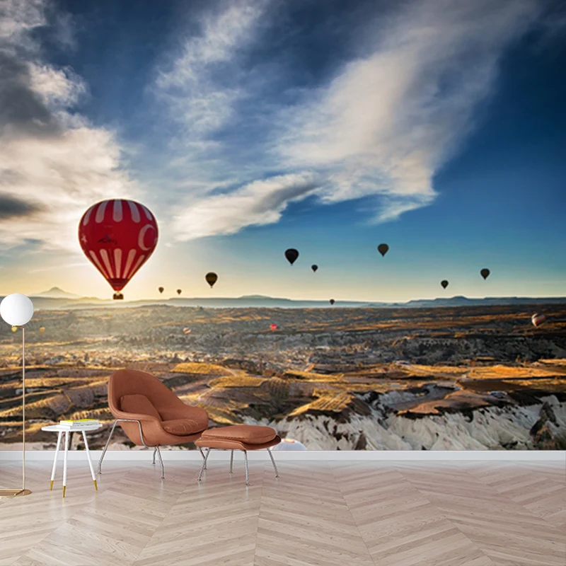 Autocollant mural de paysage de voyage en ballon, décoration murale en tissu non tissé d'art moderne en marron Clearhalo