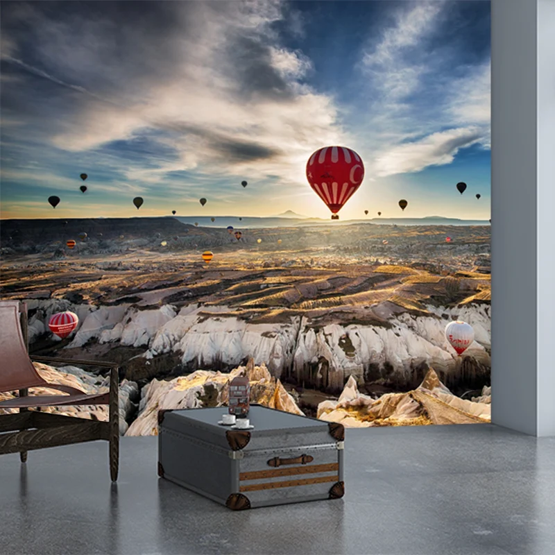 Autocollant mural de paysage de voyage en ballon, décoration murale en tissu non tissé d'art moderne en marron Clearhalo