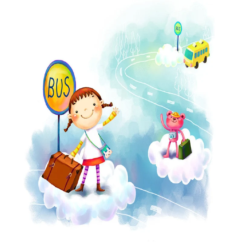 Autocollant mural pour arrêt de bus entier, décoration murale fantaisie pour petite fille, Style enfants, en bleu et blanc...