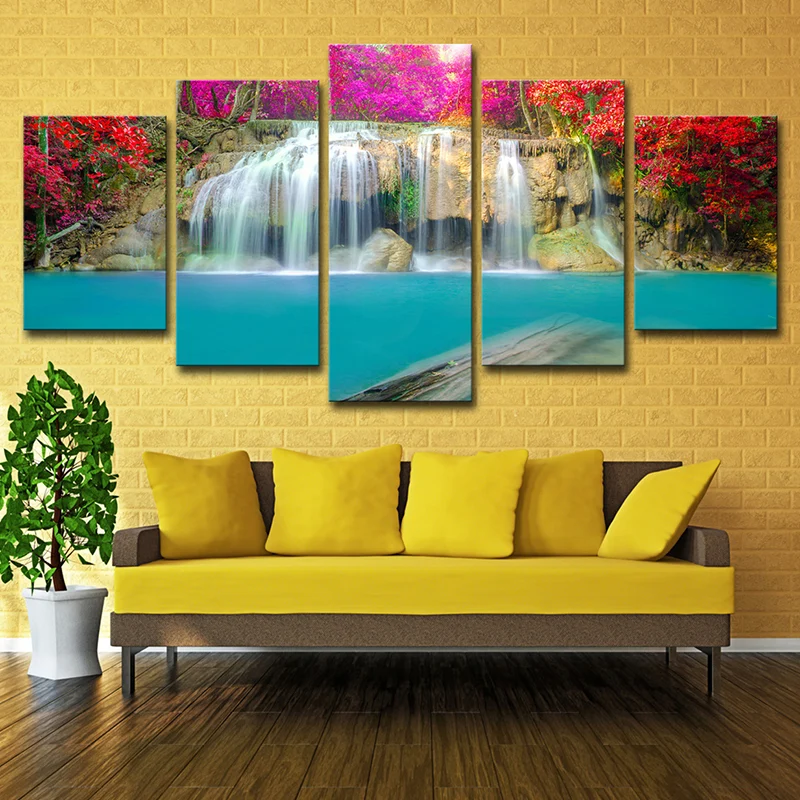 Cascade avec fleur en toile, décoration murale moderne multi-pièces pour chambre de fille Clearhalo