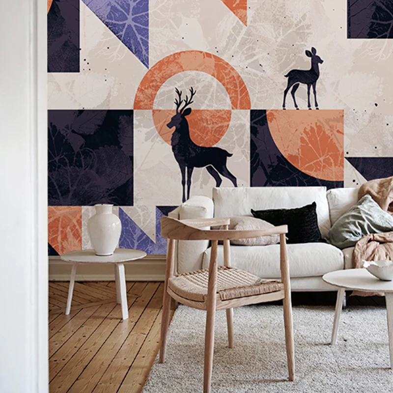 Cerf décoratif et géométries murales en tissu non tissé, Art mural minimaliste pour le salon Clearhalo