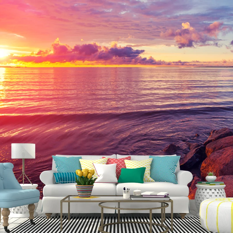 Coucher de soleil au-dessus de la surface de la mer, décoration murale moderniste bleu-violet pour la galerie de la maison...