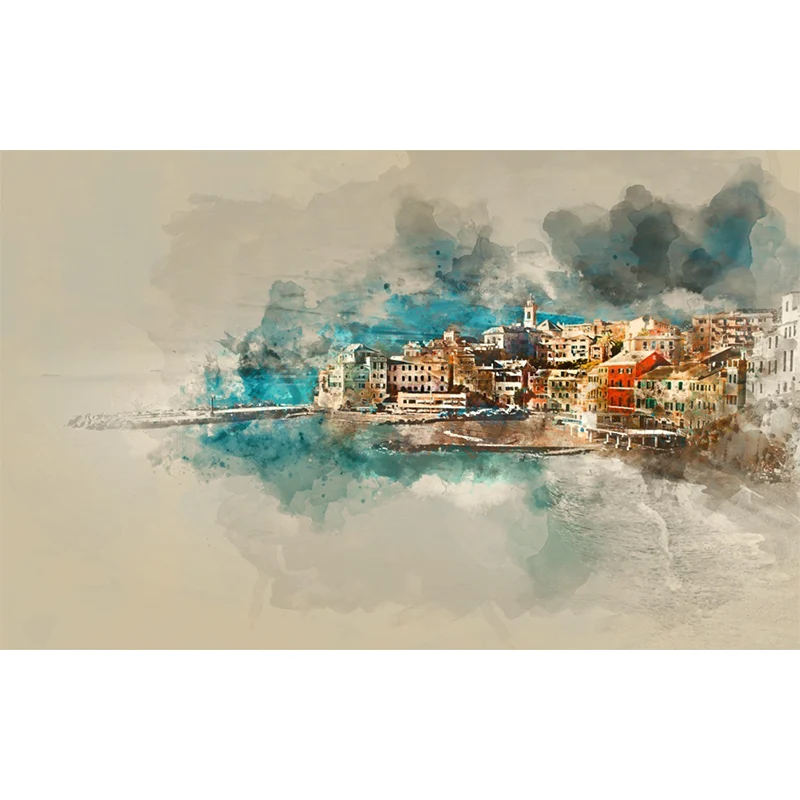Décalcomanie murale contemporaine complète en bleu et marron Port Town Wall Art, faite sur mesure Clearhalo