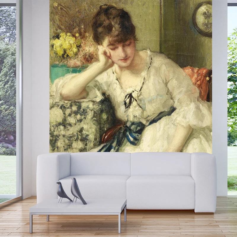 Décalcomanie murale européenne entière en Beige et jaune, Art mural de femme distinguée, sur mesure Clearhalo