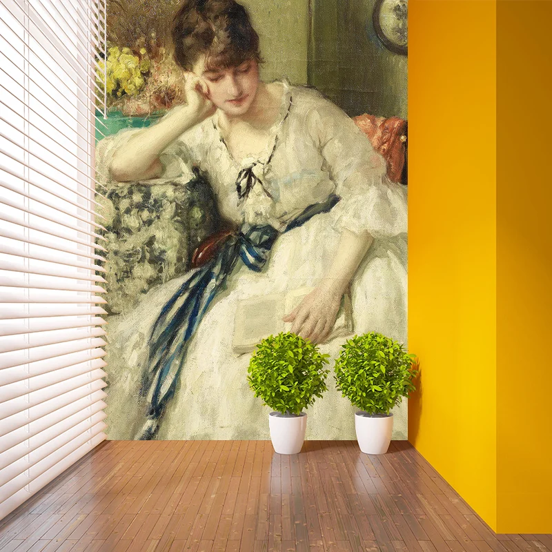 Décalcomanie murale européenne entière en Beige et jaune, Art mural de femme distinguée, sur mesure Clearhalo