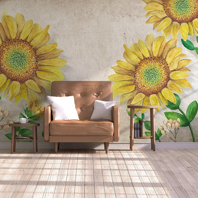 Décalcomanie murale minimaliste de mur de tournesol pour le mur d’accent, art mural sur mesure en jaune et beige Clearhalo
