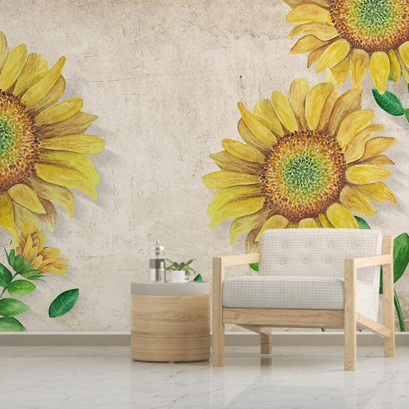 Décalcomanie murale minimaliste de mur de tournesol pour le mur d’accent, art mural sur mesure en jaune et beige Clearhalo