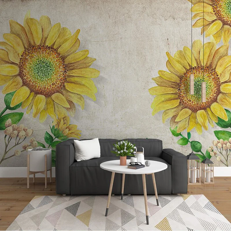 Décalcomanie murale minimaliste de mur de tournesol pour le mur d’accent, art mural sur mesure en jaune et beige Clearhalo