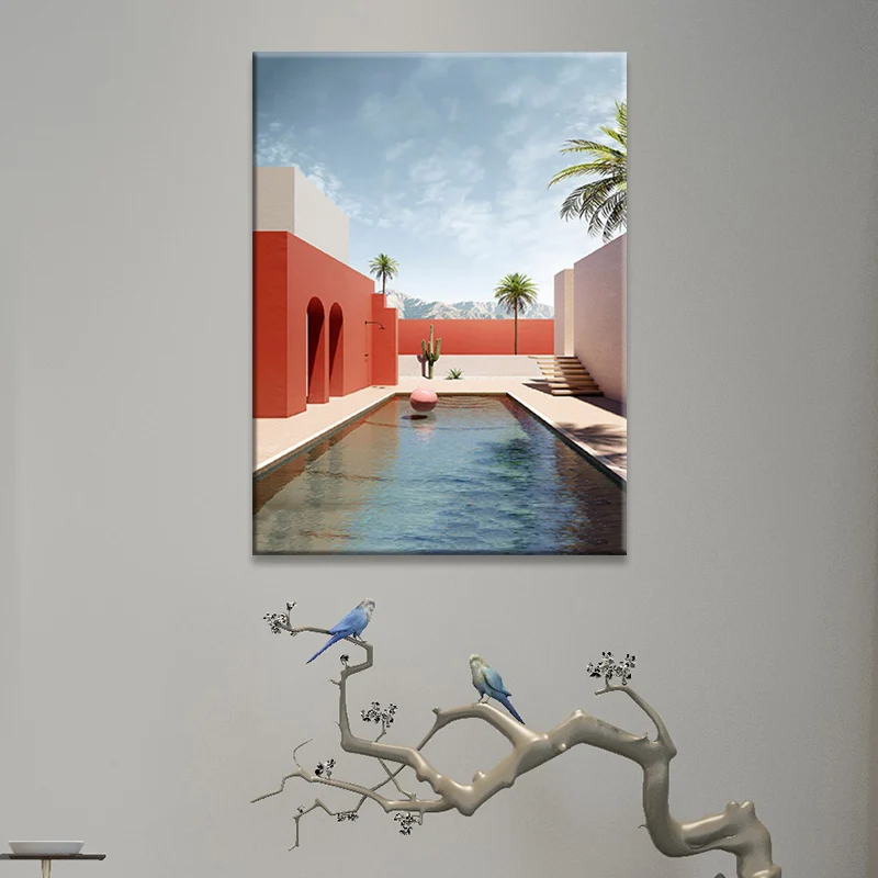Décoration murale de bâtiment et d'arbre, impression sur toile texturée contemporaine en couleur douce pour chambre à couc...