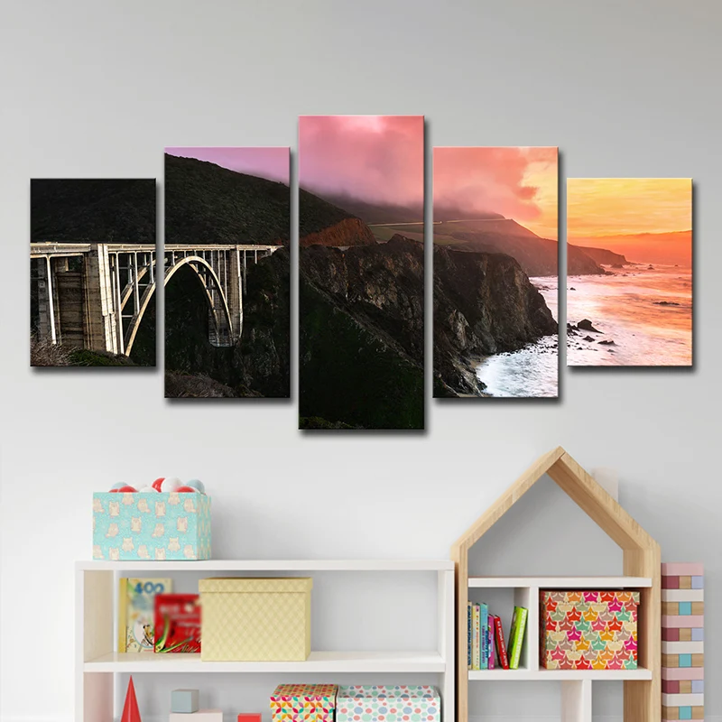 Décoration murale de paysage de coucher de soleil pour la maison, pont sur Stone Bay, toile en noir, plusieurs pièces Clea...