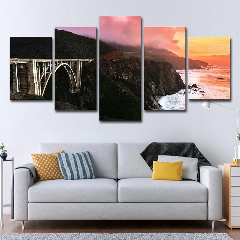 Décoration murale de paysage de coucher de soleil pour la maison, pont sur Stone Bay, toile en noir, plusieurs pièces Clea...