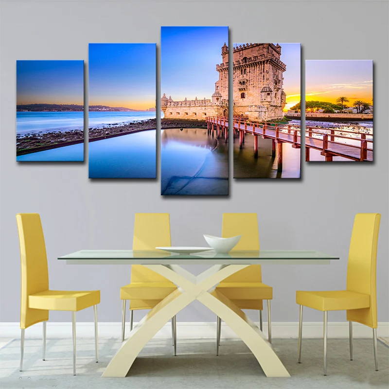 Décoration murale de paysage de tour de Belem en toile bleue imprimée pour chambre à coucher, plusieurs pièces Clearhalo
