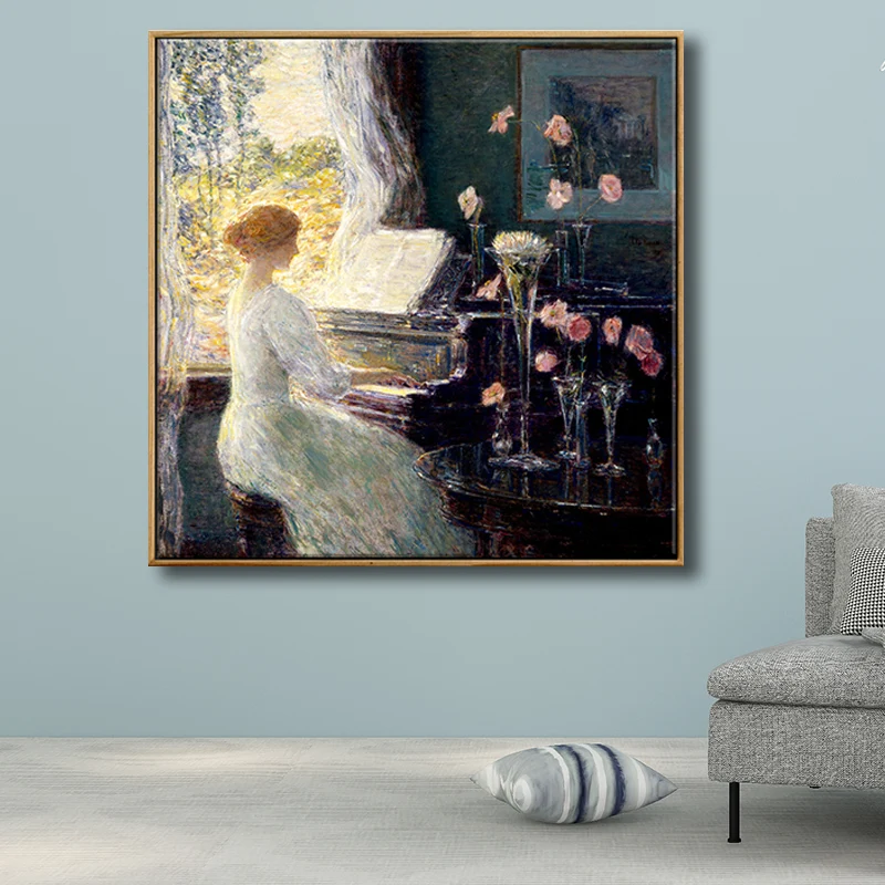 Décoration murale Vintage, beauté verte jouant du piano, toile verte pour salon Clearhalo