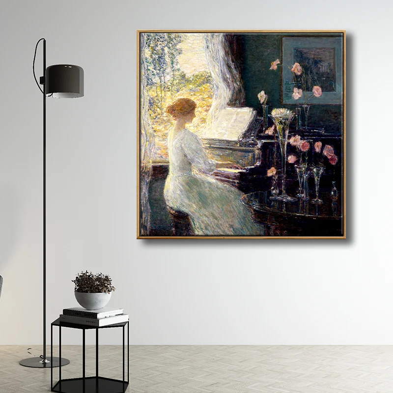 Décoration murale Vintage, beauté verte jouant du piano, toile verte pour salon Clearhalo