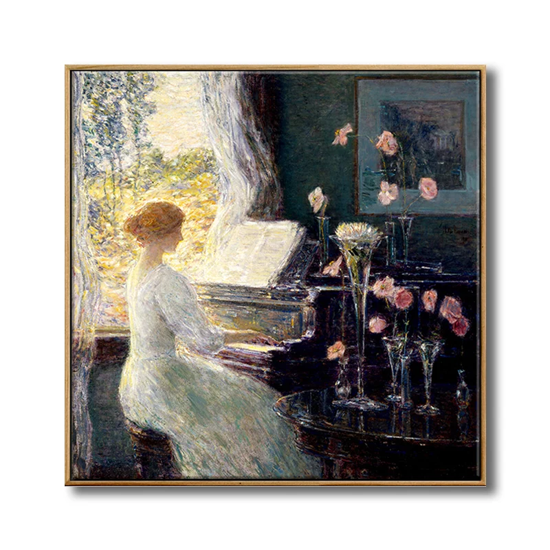 Décoration murale Vintage, beauté verte jouant du piano, toile verte pour salon Clearhalo