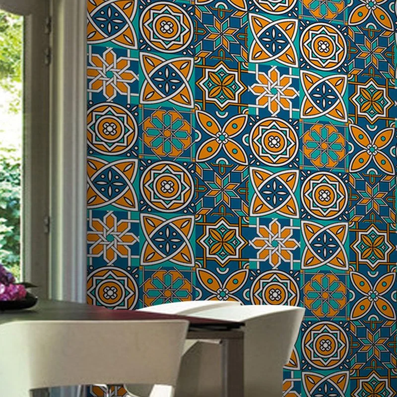 Ensemble de panneaux de papier peint décollables à fleurs ethniques pour mur d'accent, bleu, 3,5' L x 8" l Clearhalo