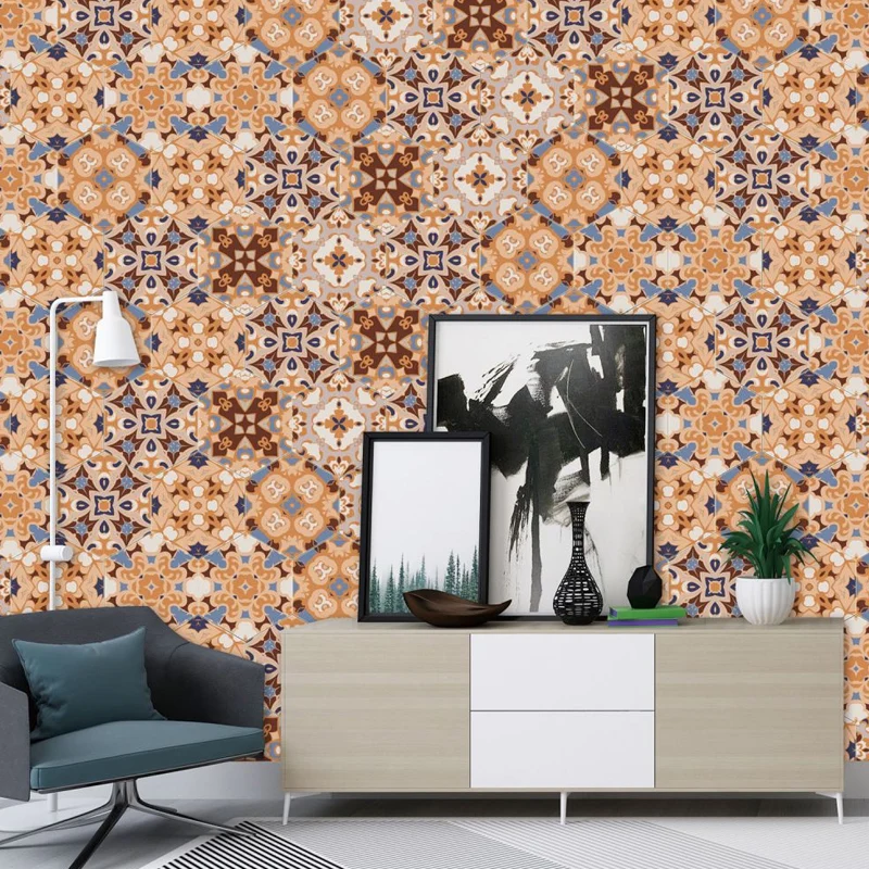 Ensemble de panneaux de papier peint à fleurs style Boho, en PVC, peler et coller, décoration murale orange-bleu pour la m...
