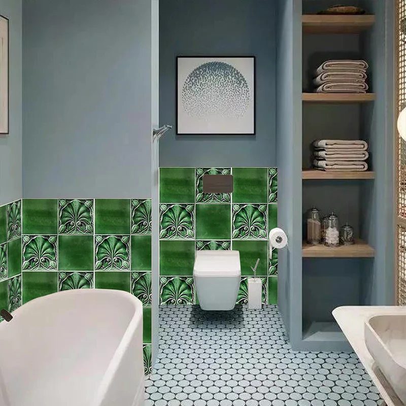 Ensemble de panneaux de papier peint en mosaïque florale rétro, 20 pièces, décoration murale verte à décoller et à coller...