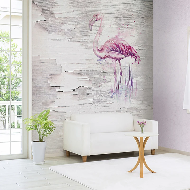 Extra Large Illustration Flamingo Mural Wallpaper pour chambre de fille en rose et gris, taille personnalisée disponible C...