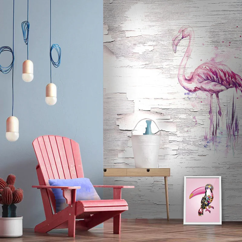 Extra Large Illustration Flamingo Mural Wallpaper pour chambre de fille en rose et gris, taille personnalisée disponible C...