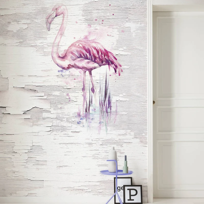 Extra Large Illustration Flamingo Mural Wallpaper pour chambre de fille en rose et gris, taille personnalisée disponible C...