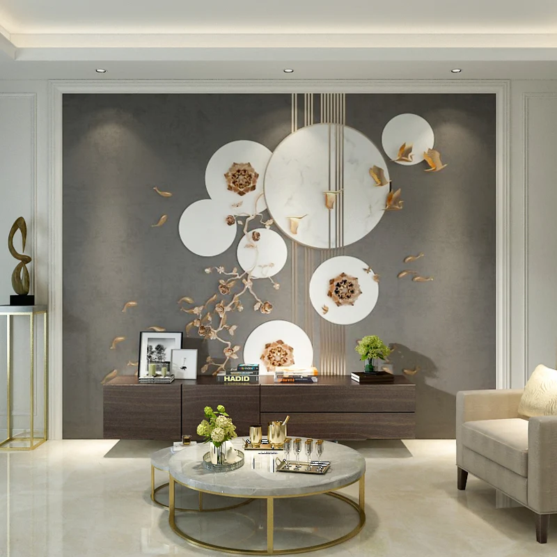 Extra Large Peinture Murale Traditionnelle Chinoise Grise Impression 3D Fleur de Prune et Revêtement Mural de Poisson, Tai...