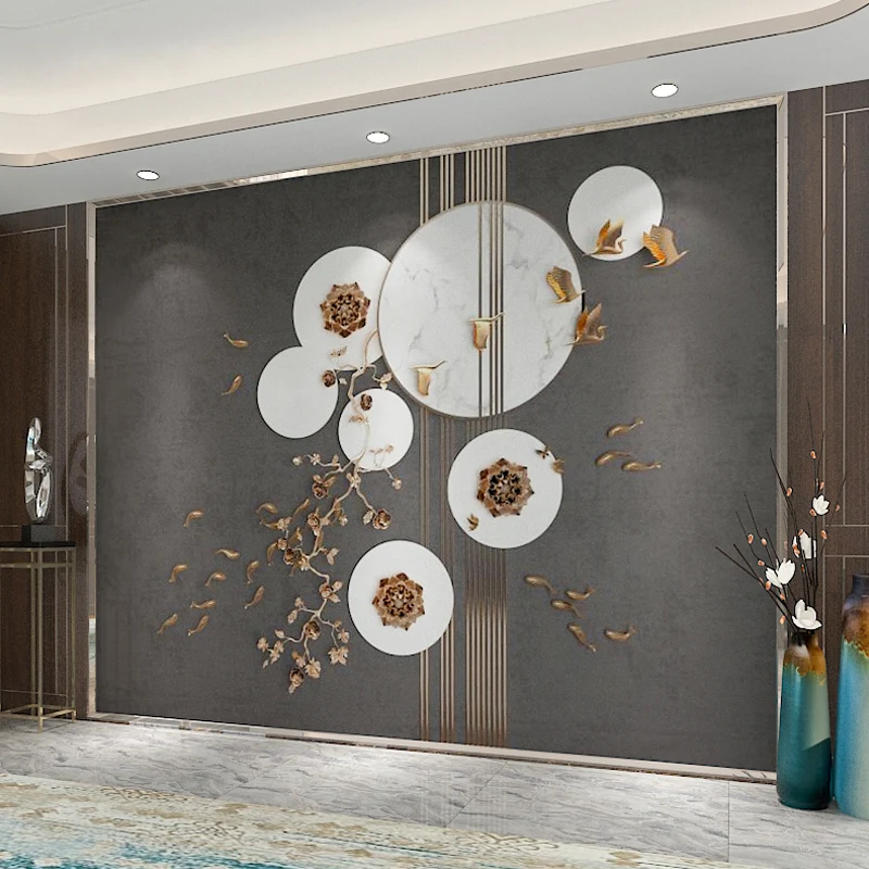 Extra Large Peinture Murale Traditionnelle Chinoise Grise Impression 3D Fleur de Prune et Revêtement Mural de Poisson, Tai...