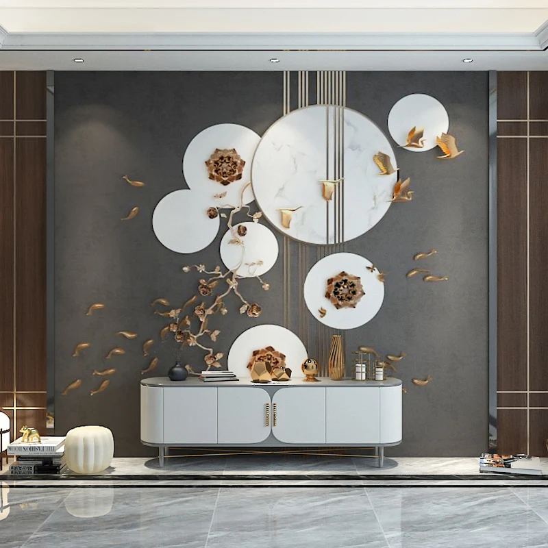 Extra Large Peinture Murale Traditionnelle Chinoise Grise Impression 3D Fleur de Prune et Revêtement Mural de Poisson, Tai...