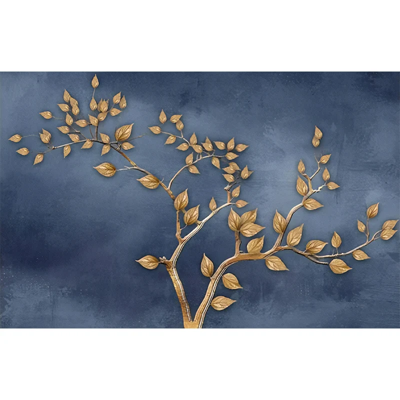 Feuille géante et nuage mural fantaisie contemporaine effet 3D décoration murale en bleu et or Clearhalo