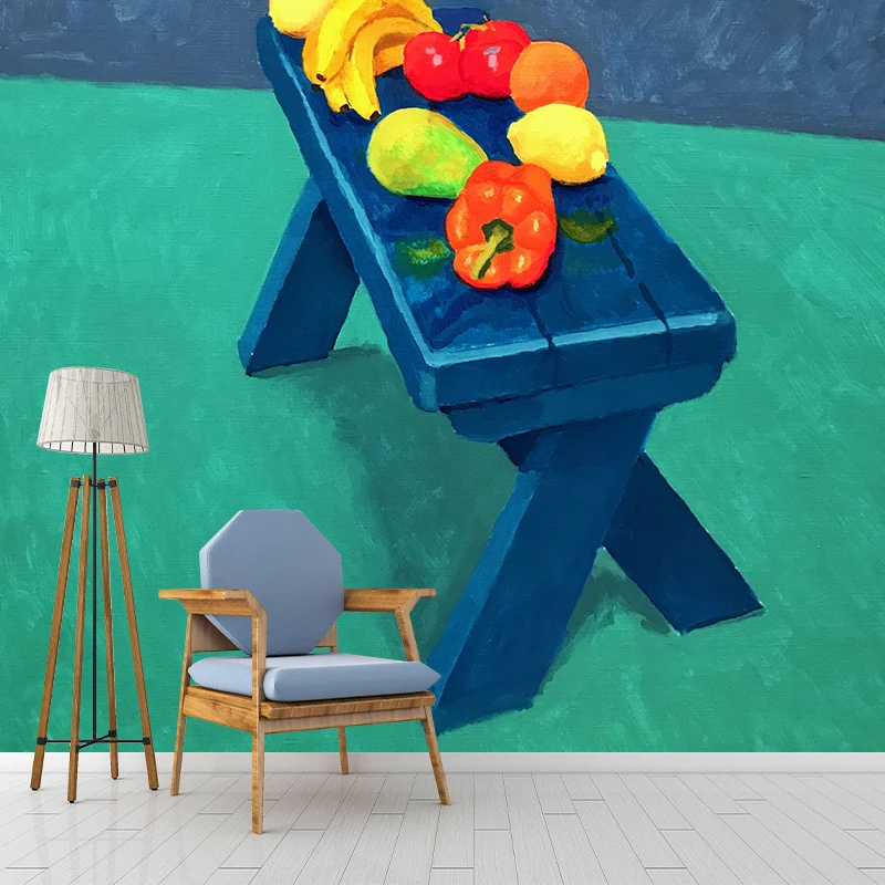 Fruits dans des natures mortes - Revêtement mural Art déco bleu-vert pour chambre à coucher, sur mesure Clearhalo