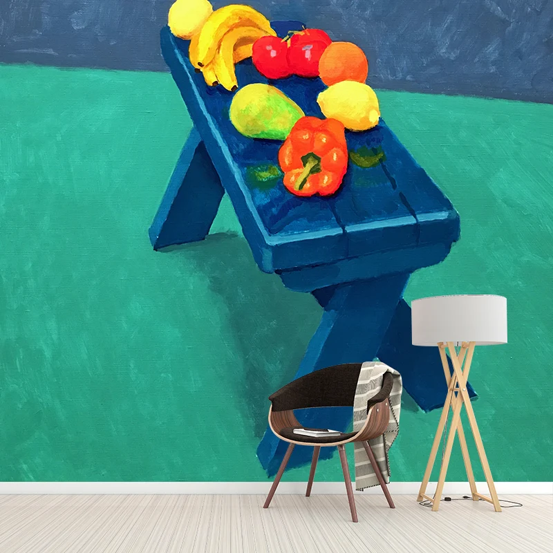 Fruits dans des natures mortes - Revêtement mural Art déco bleu-vert pour chambre à coucher, sur mesure Clearhalo