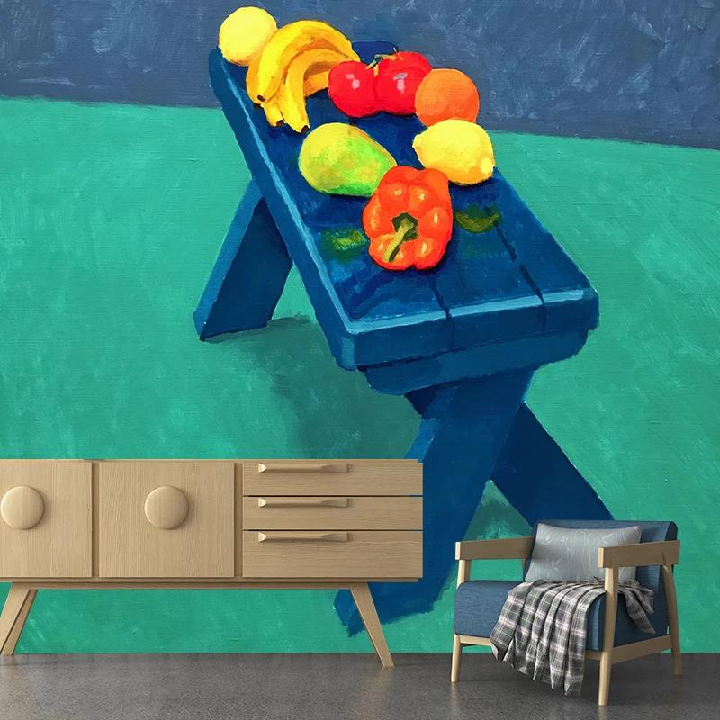 Fruits dans des natures mortes - Revêtement mural Art déco bleu-vert pour chambre à coucher, sur mesure Clearhalo