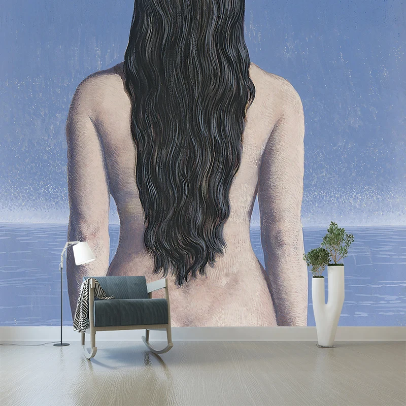 Grand papier peint mural surréaliste en bleu-blanc René Magritte la robe du soir, imprimé personnalisé Clearhalo