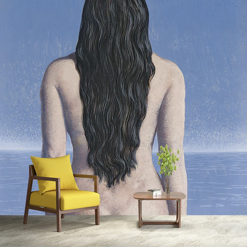 Grand papier peint mural surréaliste en bleu-blanc René Magritte la robe du soir, imprimé personnalisé Clearhalo