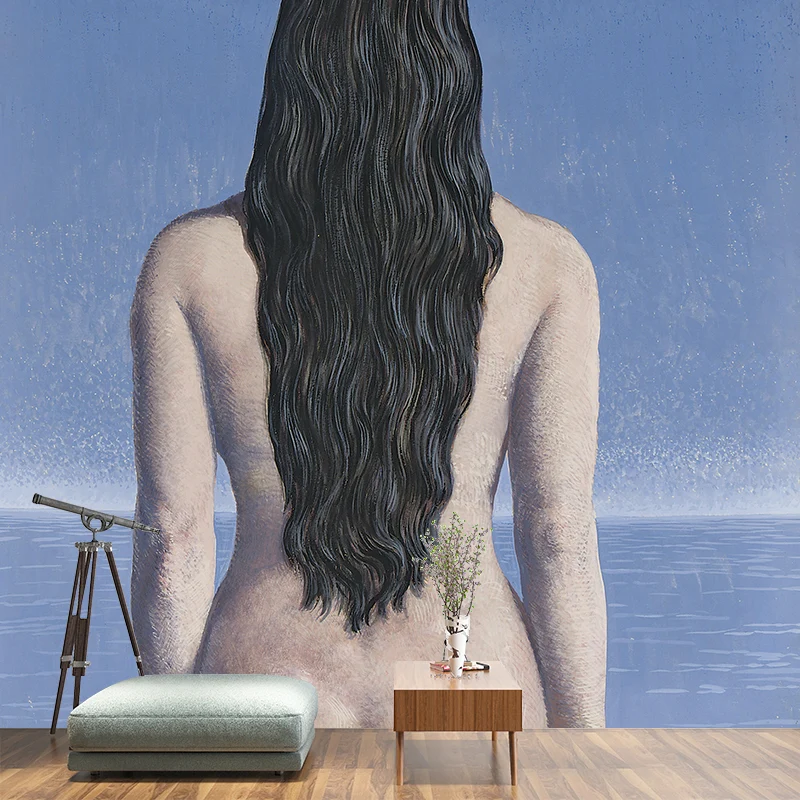 Grand papier peint mural surréaliste en bleu-blanc René Magritte la robe du soir, imprimé personnalisé Clearhalo