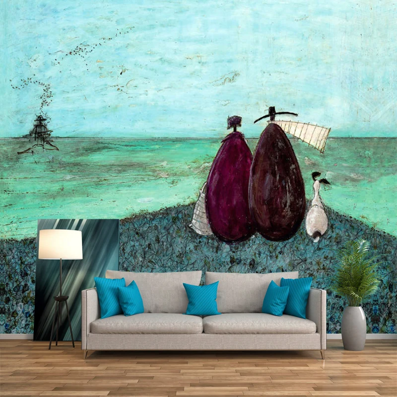 Grandes peintures murales classiques, Couples gris-bleu et leur chien, peinture à l'huile, décoration murale, sur mesure C...