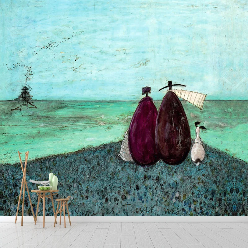 Grandes peintures murales classiques, Couples gris-bleu et leur chien, peinture à l'huile, décoration murale, sur mesure C...
