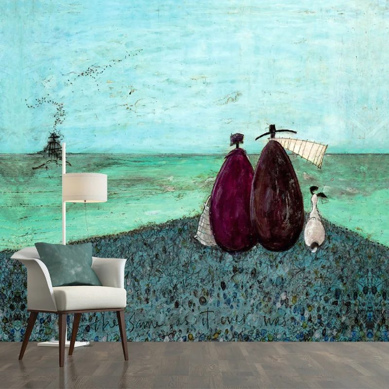 Grandes peintures murales classiques, Couples gris-bleu et leur chien, peinture à l'huile, décoration murale, sur mesure C...