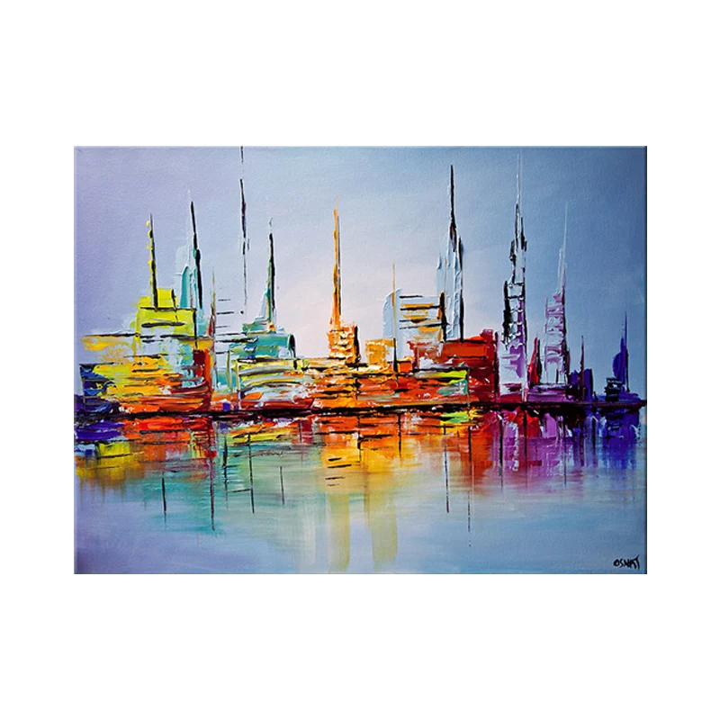 Gratte-ciel peinture contemporaine superbe paysage urbain impression d'art mural en orange-bleu Clearhalo