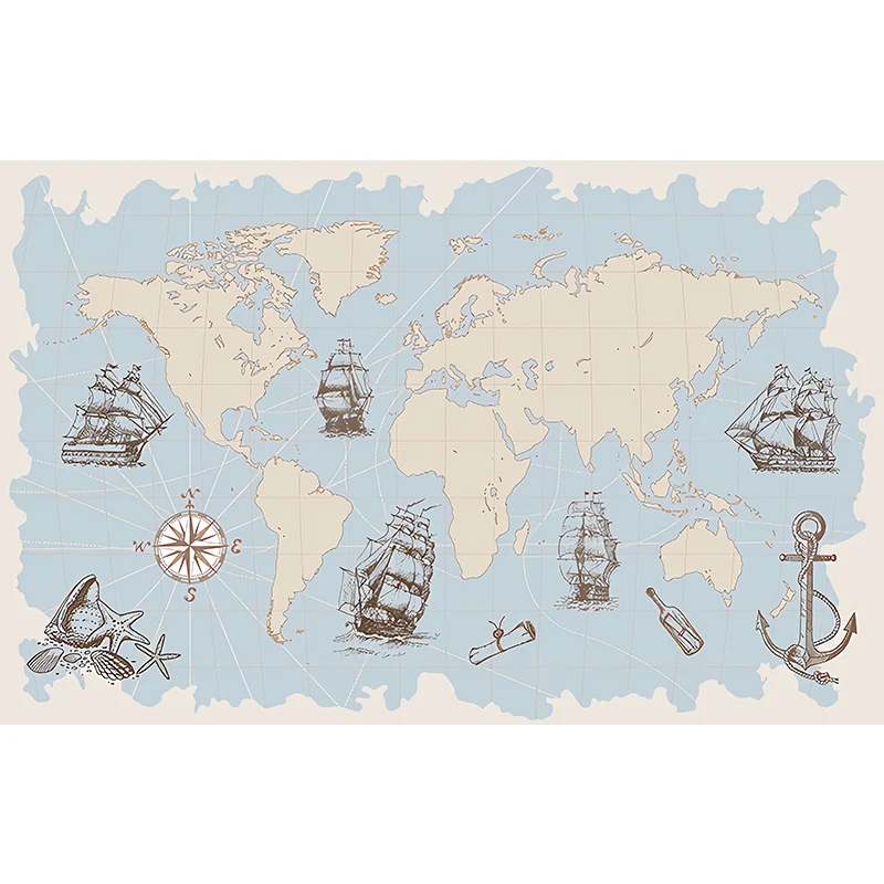 Illustration entière du milieu du siècle, fresque murale pour salon avec carte du monde et bateau à voile en bleu pastel C...