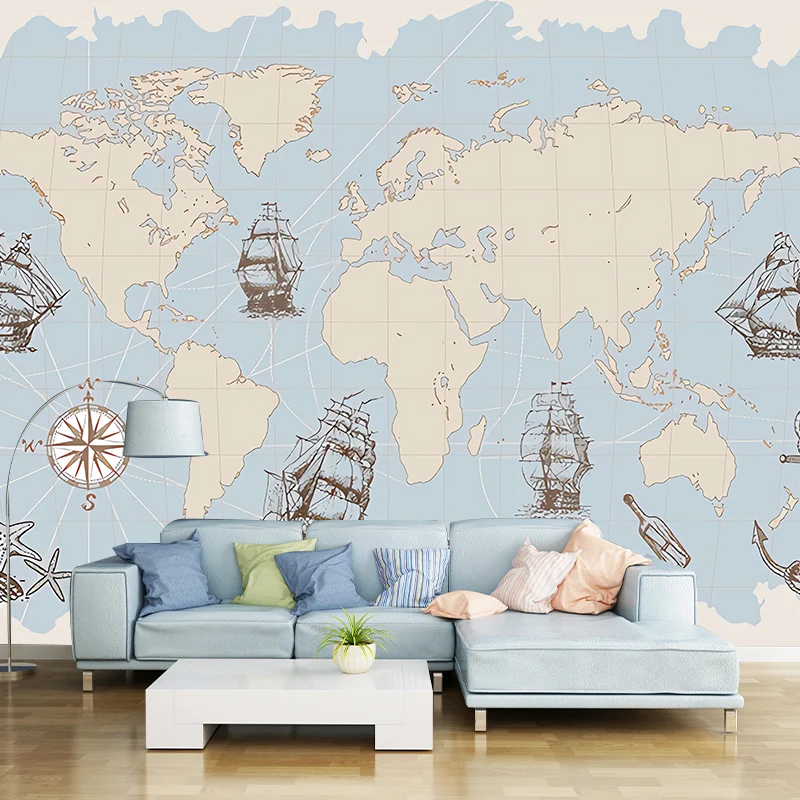 Illustration entière du milieu du siècle, fresque murale pour salon avec carte du monde et bateau à voile en bleu pastel C...