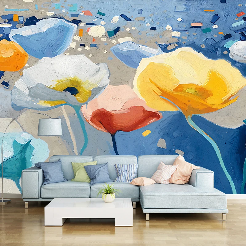 Illustration murale simple en taille réelle pour chambre à coucher avec des aquarelles de motifs floraux en couleur neutre...