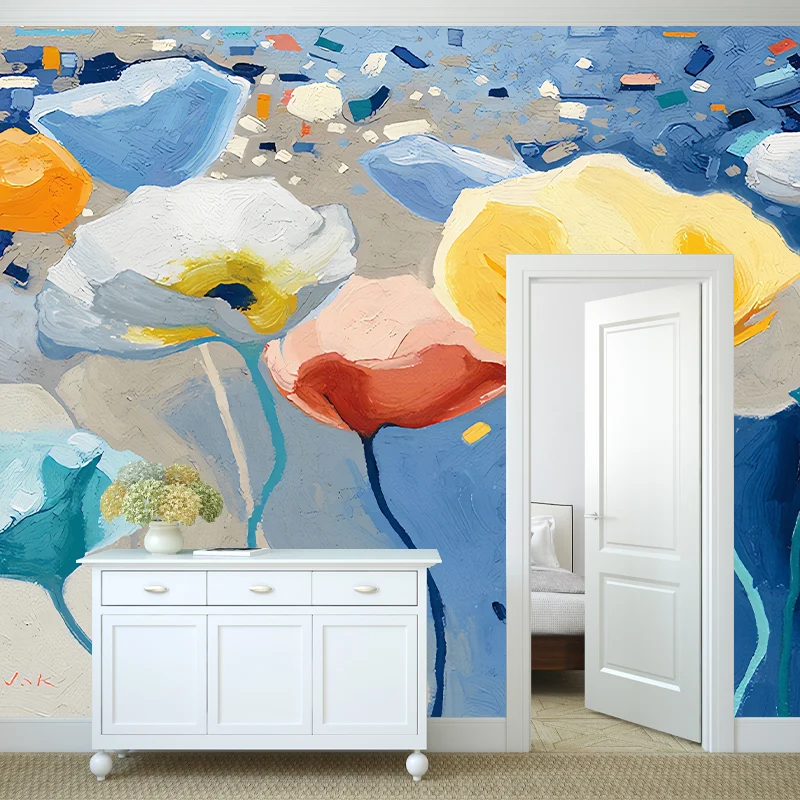 Illustration murale simple en taille réelle pour chambre à coucher avec des aquarelles de motifs floraux en couleur neutre...