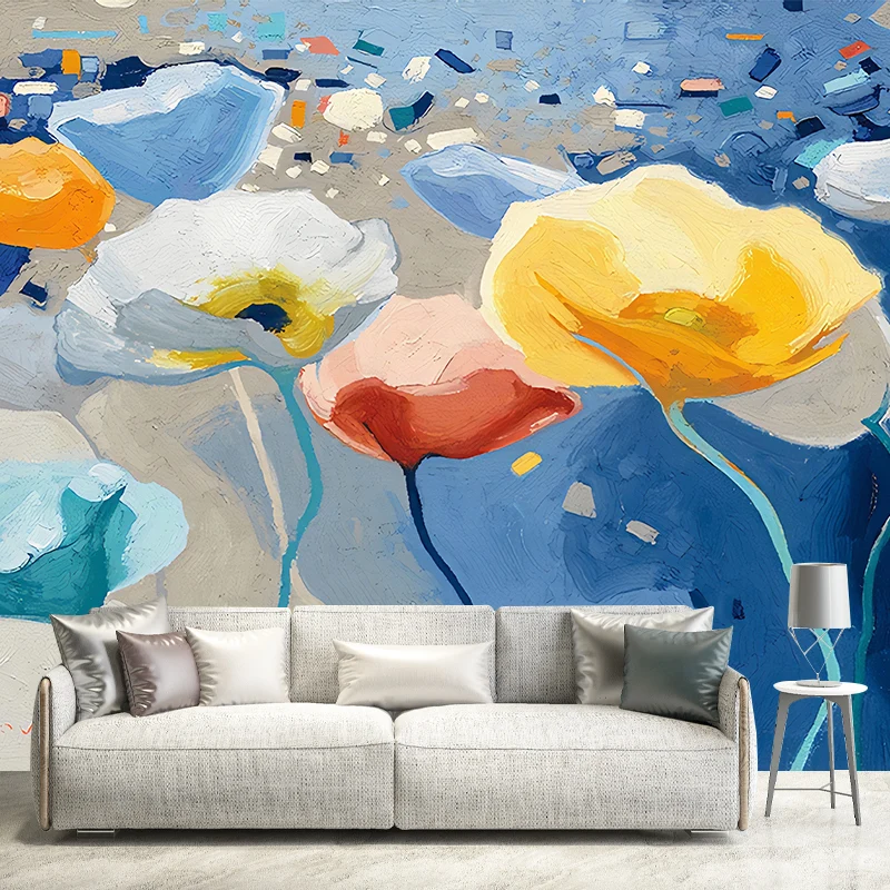 Illustration murale simple en taille réelle pour chambre à coucher avec des aquarelles de motifs floraux en couleur neutre...